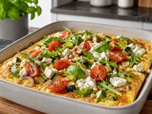 Ofen-Omelette mit Topping, belegt mit Zucchini, Feta, Rucola und Cherry-Tomaten in der Auflaufform