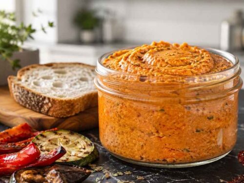 Ofengemüse-Aufstrich mit Feta und geröstetem Gemüse im Glas neben Baguettescheiben