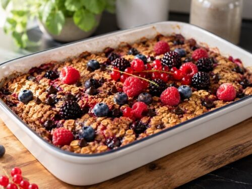Warmer Ofenhafer vegan mit Beeren und Schokotropfen, frisch aus dem Ofen serviert