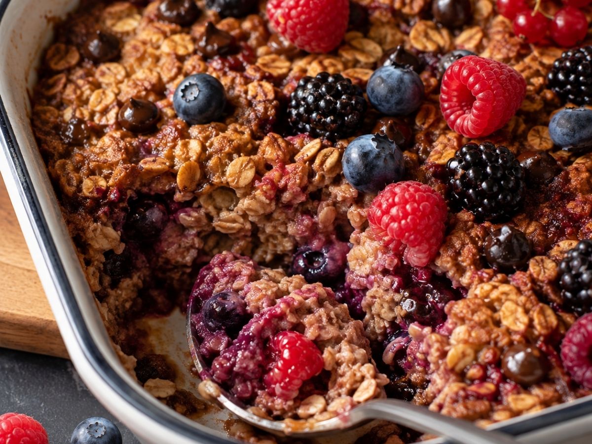 Warmer Ofenhafer vegan mit Beeren und Schokotropfen, frisch aus dem Ofen serviert