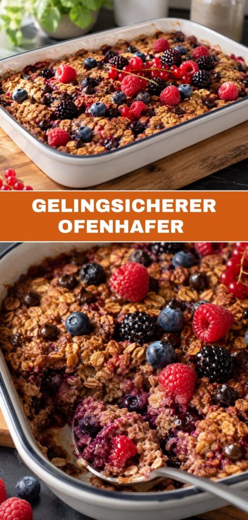 Warmer Ofenhafer vegan mit Beeren und Schokotropfen, frisch aus dem Ofen serviert