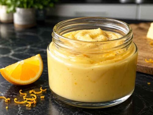 Cremige Orangen-Hollandaise über weißem Spargel auf einem Teller angerichtet