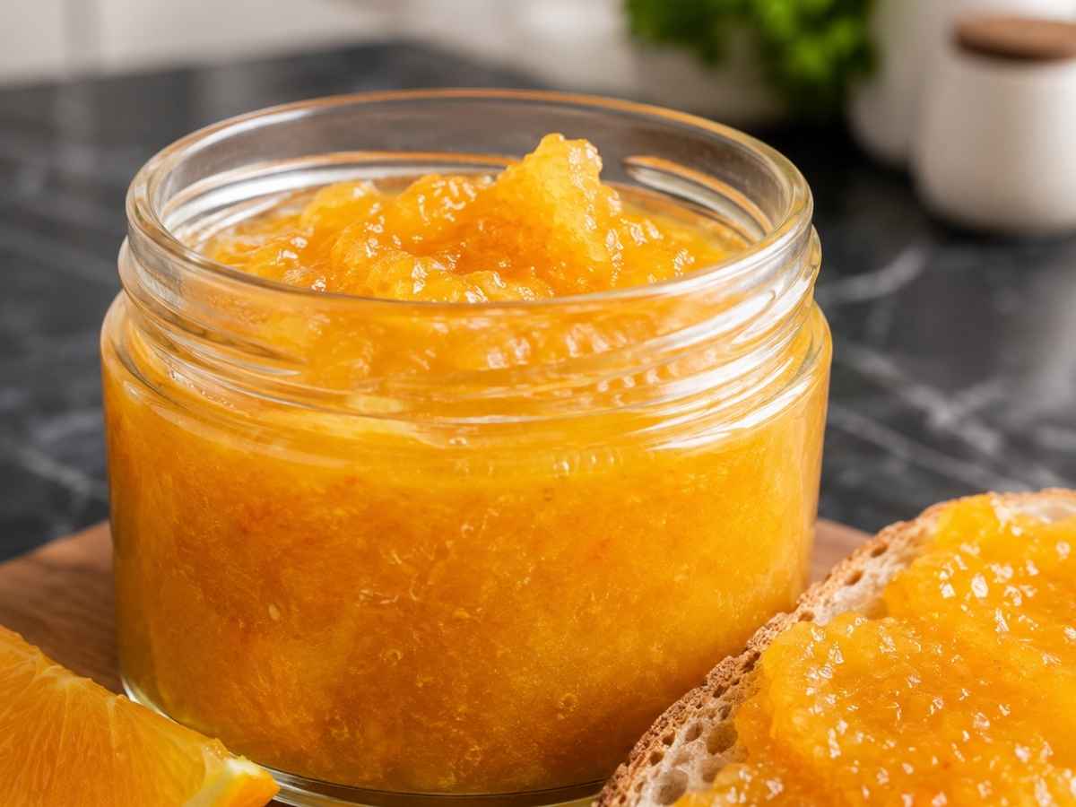 Nahaufnahme von cremiger Orangen-Marzipan-Marmelade auf einem Löffel