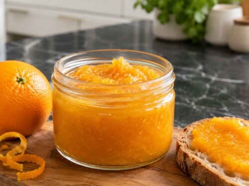 Orangen-Marzipan-Marmelade im Schraubglas neben frischem Brötchen