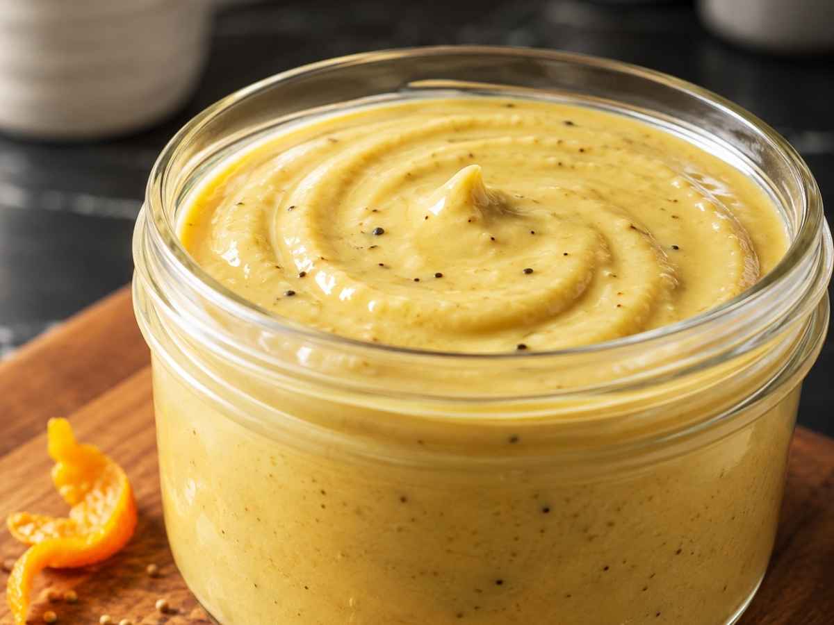 Nahaufnahme der cremigen Orangen-Senf-Sauce mit sichtbarer Senftextur