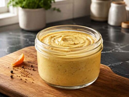 Orangen-Senf-Sauce in einem Schraubglas neben Grillgemüse und Burgerbrötchen