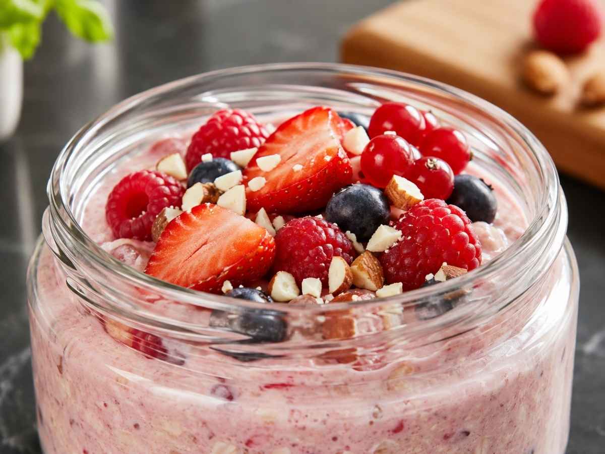 Nahaufnahme von Overnight Oats mit Erdbeeren und Studentenfutter, garniert mit frischen Beeren