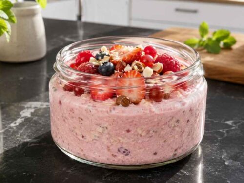 Overnight Oats mit Erdbeeren und Studentenfutter, zwei Gläser im Weitwinkel