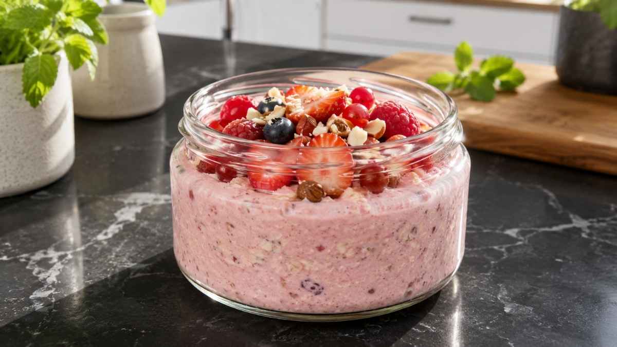 Overnight Oats mit Erdbeeren und Studentenfutter