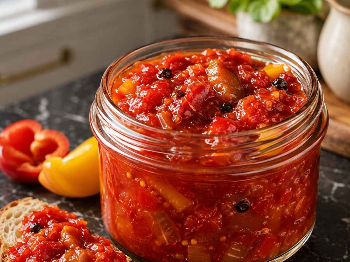 Nahaufnahme von Paprika-Tomaten-Chutney auf einer Scheibe Baguette