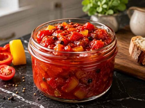 Paprika-Tomaten-Chutney in mehreren Schraubgläsern auf einem Holzbrett