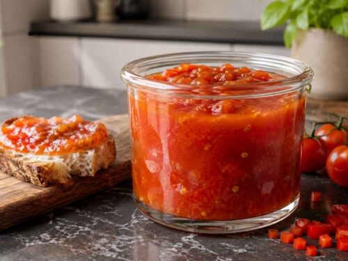 Mehrere Gläser selbstgemachte Paprika-Tomaten-Konfitüre neben Ziegenkäse und Brot