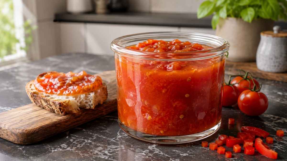 Mehrere Gläser selbstgemachte Paprika-Tomaten-Konfitüre neben Ziegenkäse und Brot