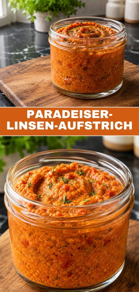 Pinterest-Grafik mit Weitwinkel- und Nahaufnahme des veganen Paradeiser-Linsen-Aufstrichs