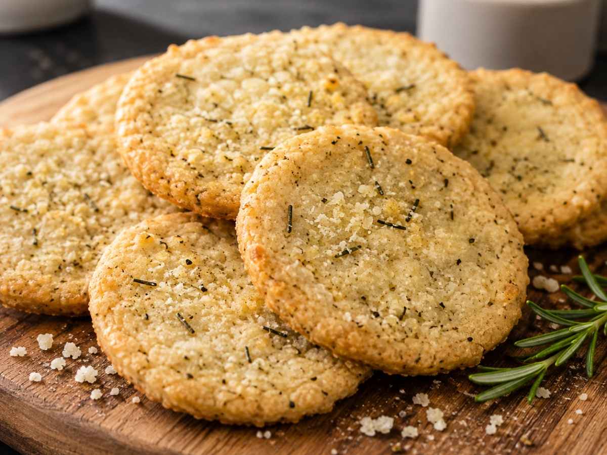 Knuspriges Pecorino-Rosmarin-Keks mit sichtbaren Käse- und Kräuterstückchen