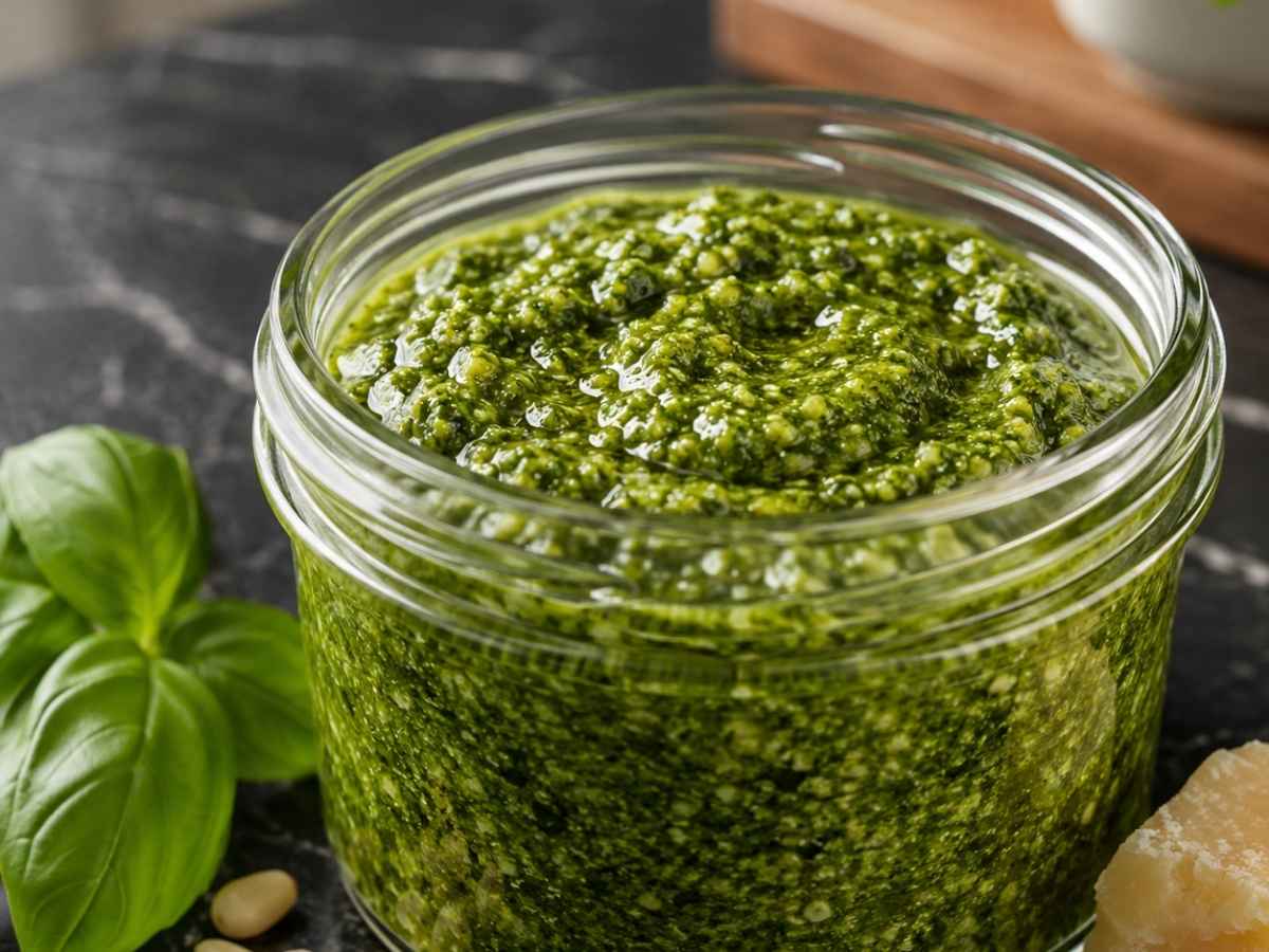 Nahaufnahme von cremigem Pesto mit Basilikum, Parmesan und Pinienkernen
