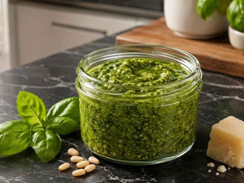 Pesto mit Basilikum über frischen Nudeln, cremig und sattgrün angerichtet