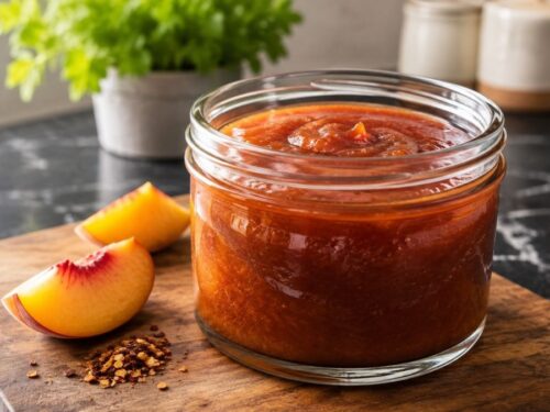 Mehrere Gläser mit selbstgemachter Pfirsich-BBQ-Sauce auf einem Holztisch