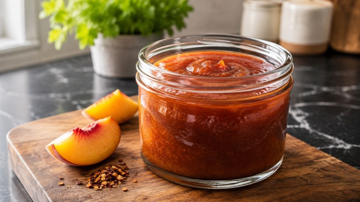 Mehrere Gläser mit selbstgemachter Pfirsich-BBQ-Sauce auf einem Holztisch