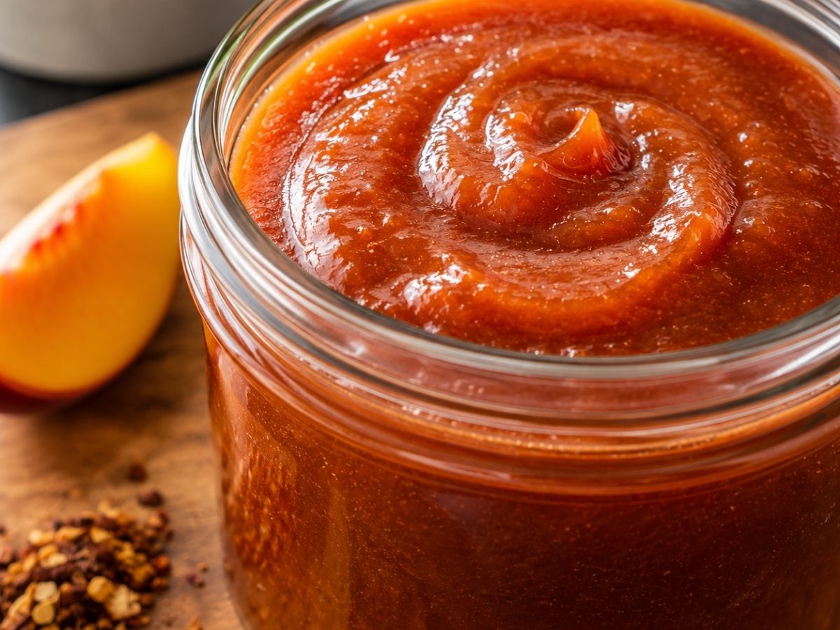Löffel mit dickflüssiger Pfirsich-BBQ-Sauce, Nahaufnahme der Konsistenz