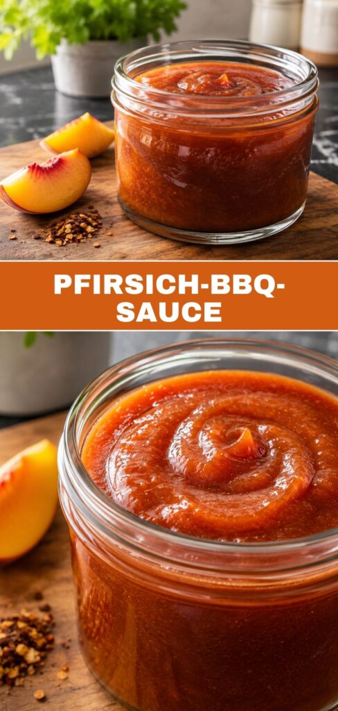 Pinterest-Pin mit Glas Pfirsich-BBQ-Sauce und Nahaufnahme der Textur
