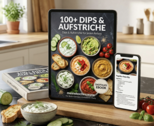 Digitales E-Book „100+ Dips & Aufstriche“ mit einfachen Rezepten für cremige Dips und Brotaufstriche für Brotzeit, Party und Grillabend.