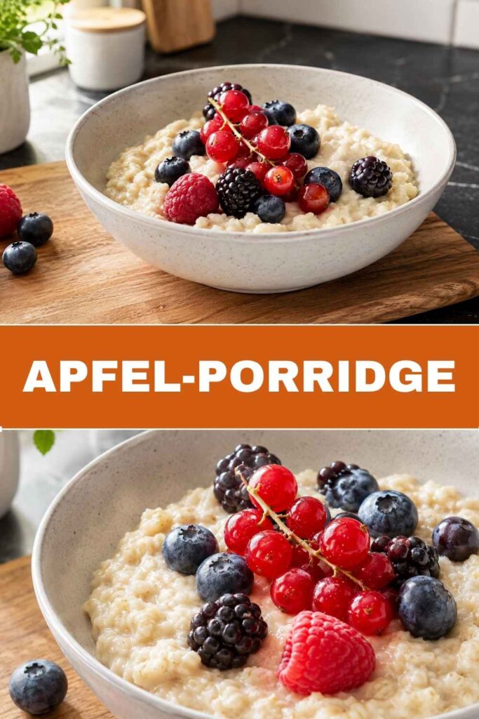 Apfel-Porridge Weitwinkel- und Nahaufnahme kombiniert für Pinterest, cremiges Frühstück mit Beeren