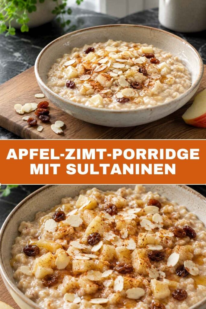Apfel-Zimt-Porridge mit Sultaninen im Glas und in der Schale, Pinterest-Grafik mit Rezepttitel
