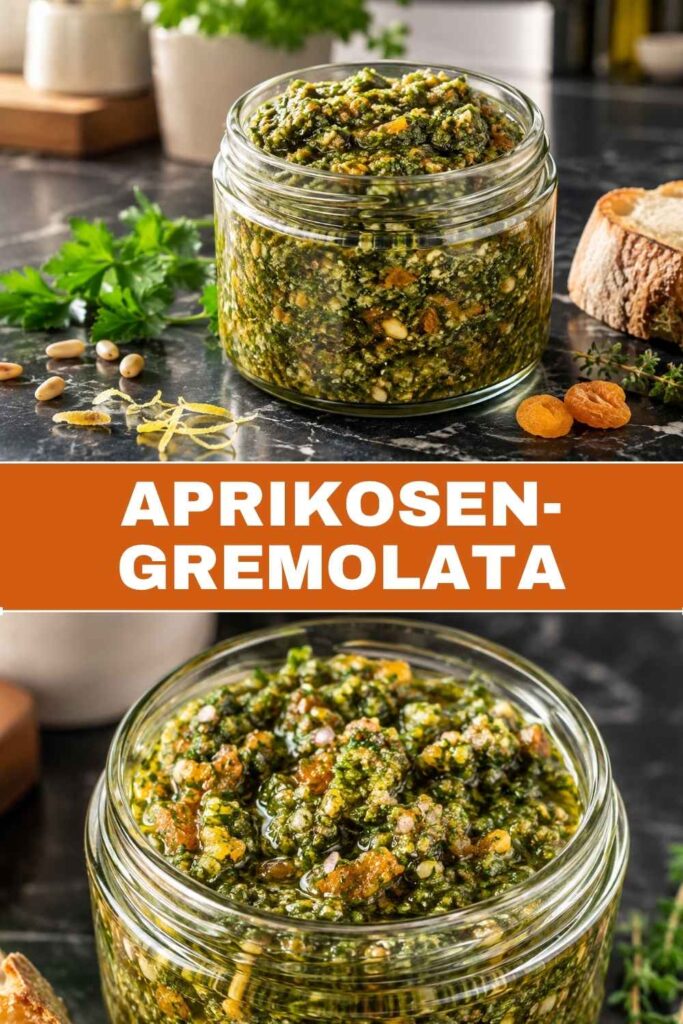 Aprikosen-Gremolata in Weitwinkel- und Nahaufnahme, kombiniert für Pinterest