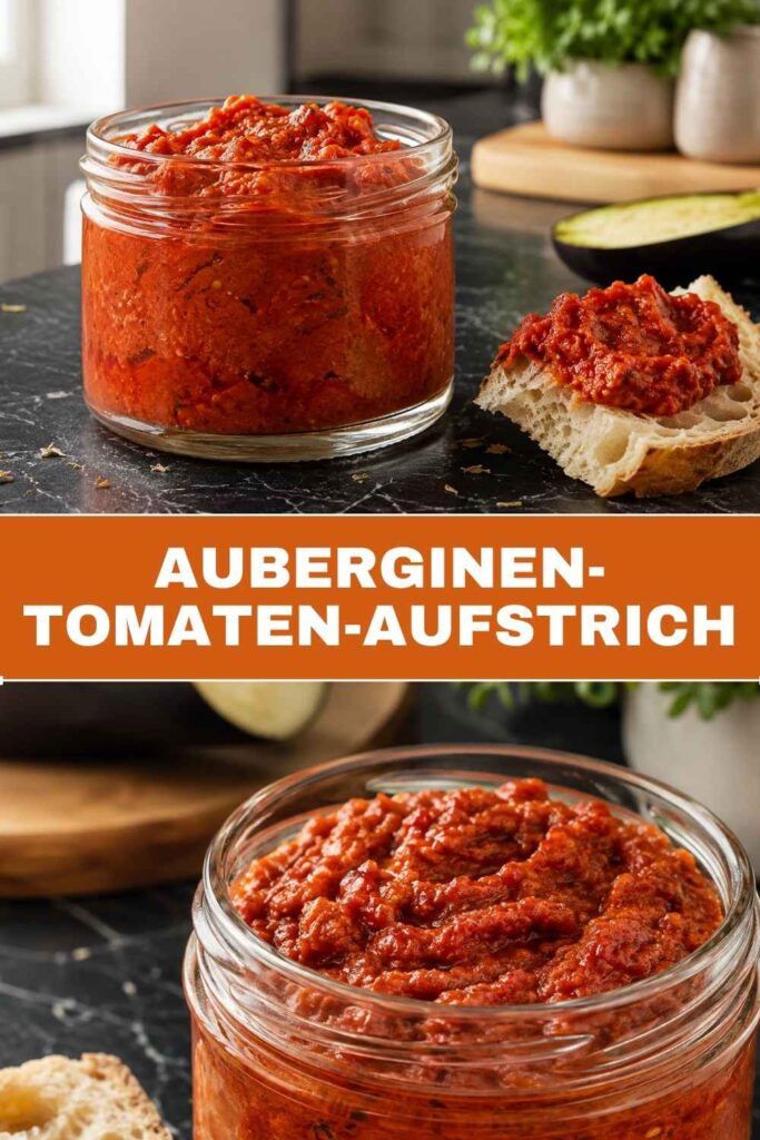 Pinterest-Pin für Auberginen-Tomaten-Aufstrich mit Brot und Rohkost