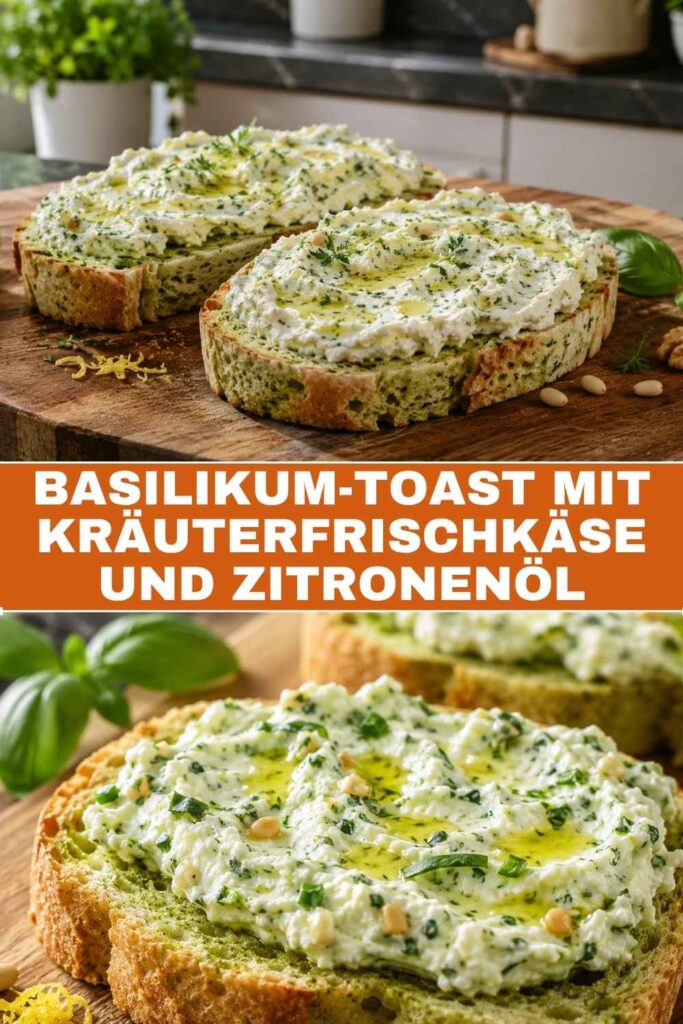 Pinterest-Pin für Basilikum-Toast mit Kräuterfrischkäse und Zitronenöl, Rezept zum Merken