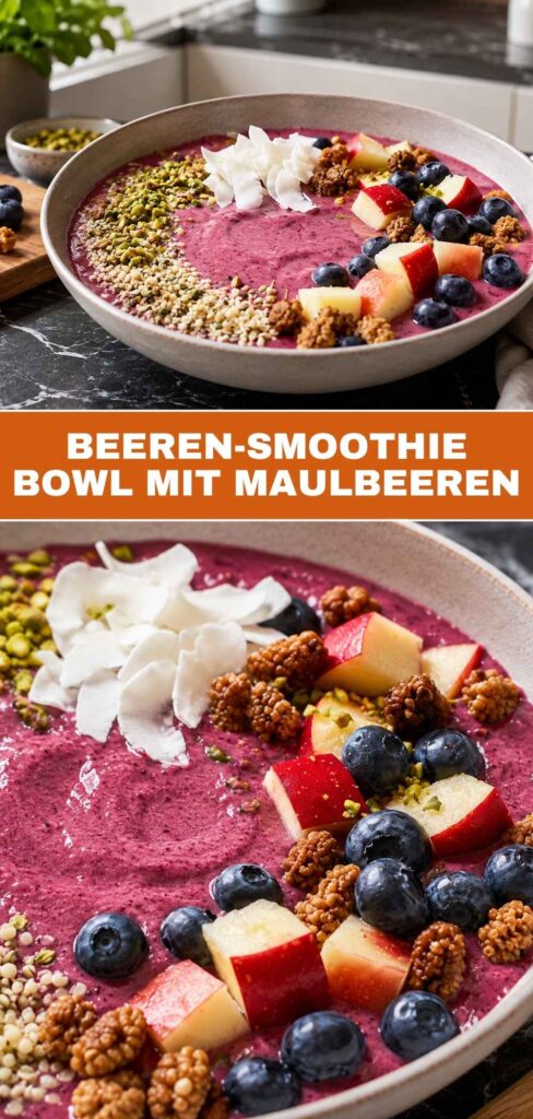 Pinterest-Grafik zur Beeren-Smoothie-Bowl mit Maulbeeren mit Übersichts- und Detailfoto