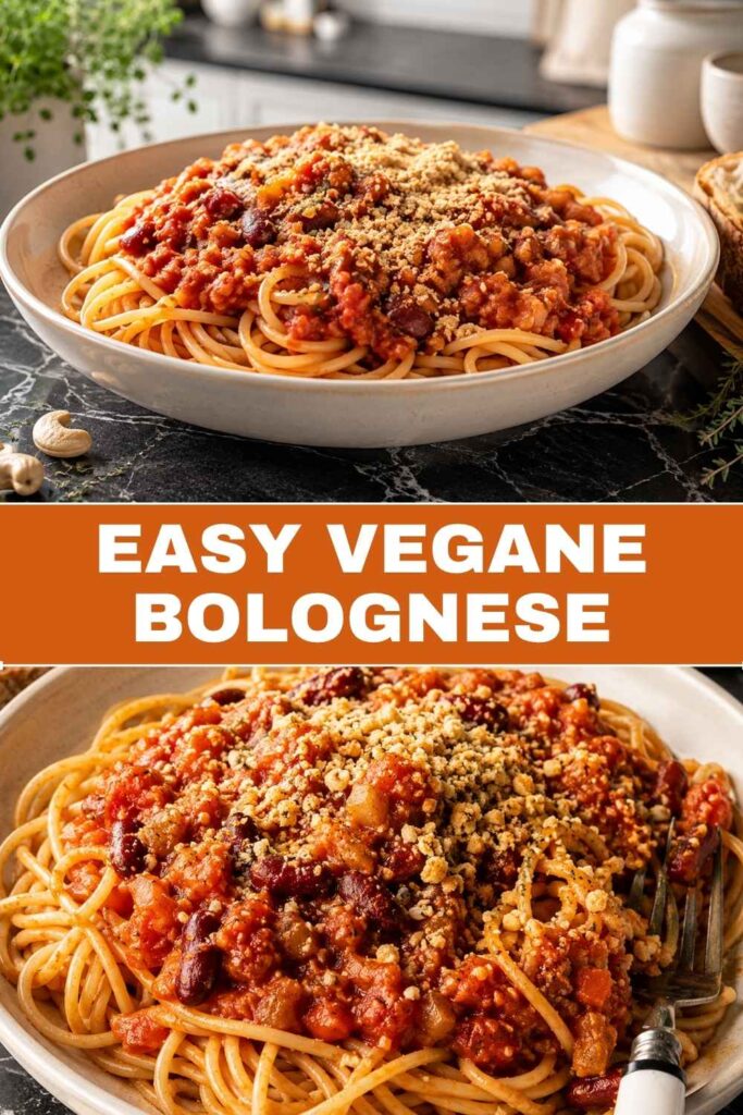 Pinterest-Pin für veganes Bolognese-Rezept mit Cashew-Topping