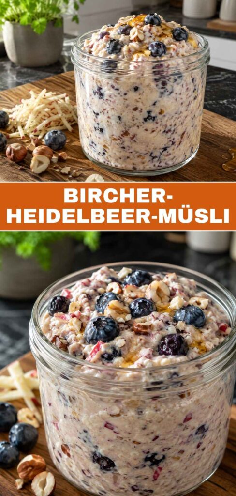 Bircher-Heidelbeer-Müsli Rezept mit Weitwinkel- und Nahaufnahme für Pinterest