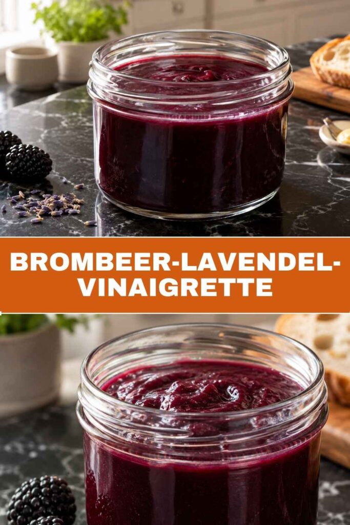 Pinterest-Grafik mit Brombeer-Lavendel-Vinaigrette im Glas und fertigem Feldsalat