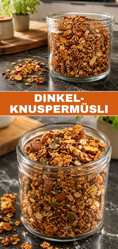 Dinkel-Knuspermüsli im Glas und auf dem Blech, ideal zum Merken auf Pinterest