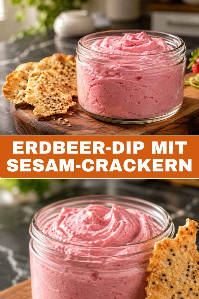 Erdbeer-Dip mit Sesam-Crackern 4 Pinterest-Pin Erdbeer-Dip mit Sesam-Crackern, Weitwinkel und Nahaufnahme kombiniert