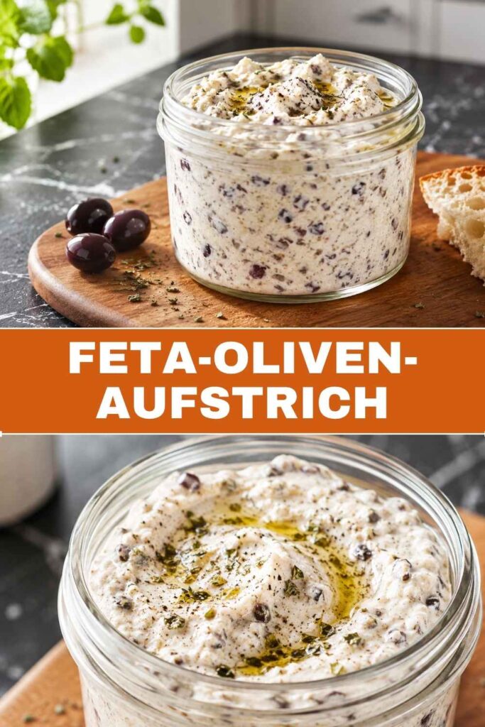 Feta-Oliven-Aufstrich Pinterest-Pin mit Übersichts- und Nahaufnahme