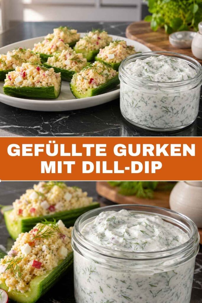 Gefüllte Gurken mit Dill-Dip in Weitwinkel- und Nahaufnahme für Pinterest