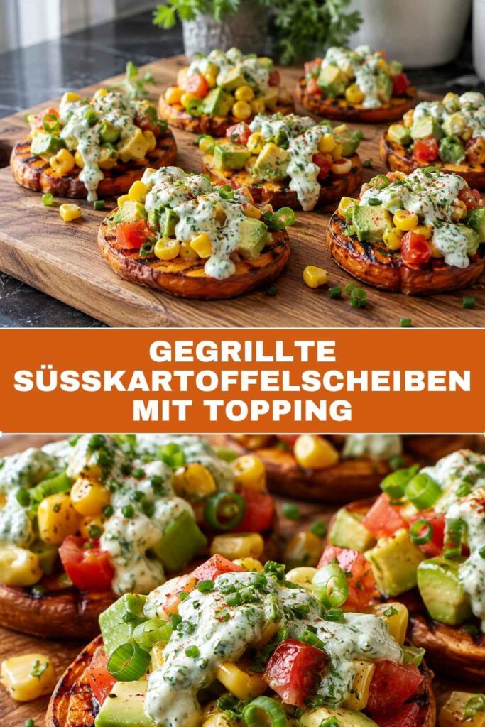 Gegrillte Süßkartoffelscheiben mit Topping 4 Pinterest-Pin für gegrillte Süßkartoffelscheiben mit veganem Topping