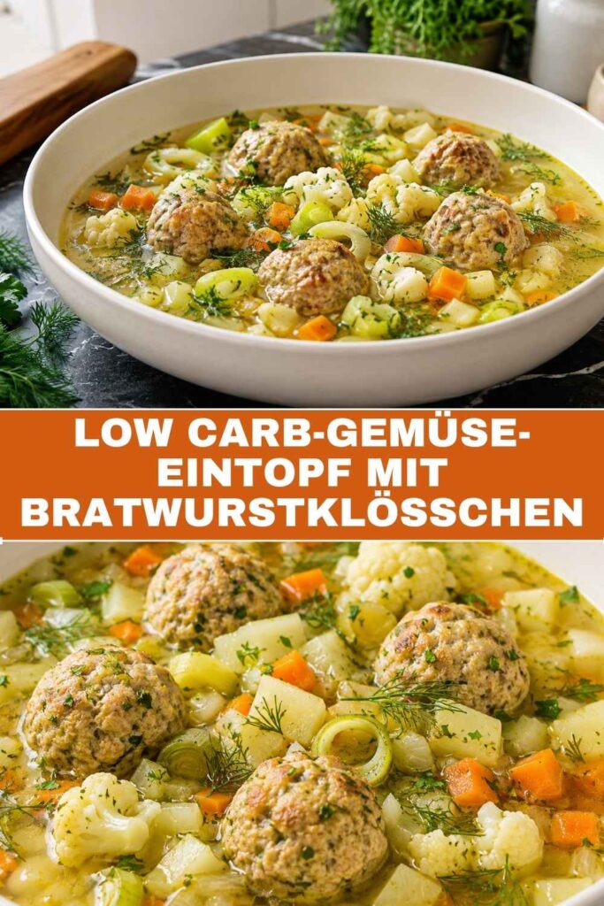 Pinterest-Pin für Gemüse-Eintopf mit Bratwurstklößchen, Low Carb Rezept