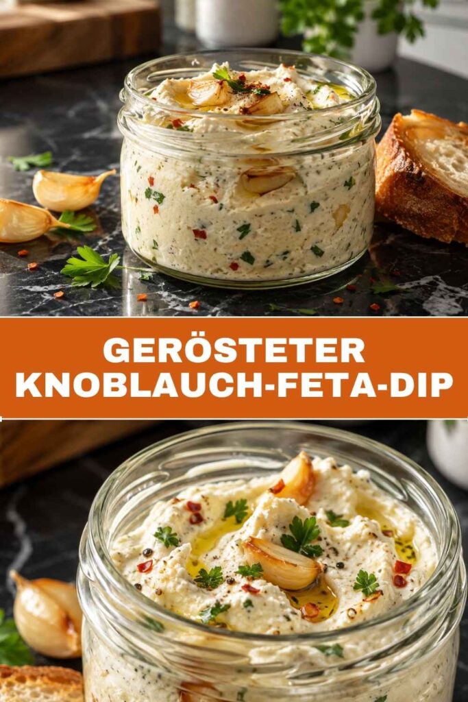 Pinterest Pin für gerösteten Knoblauch-Feta-Dip, gelingsicher in 45 Minuten