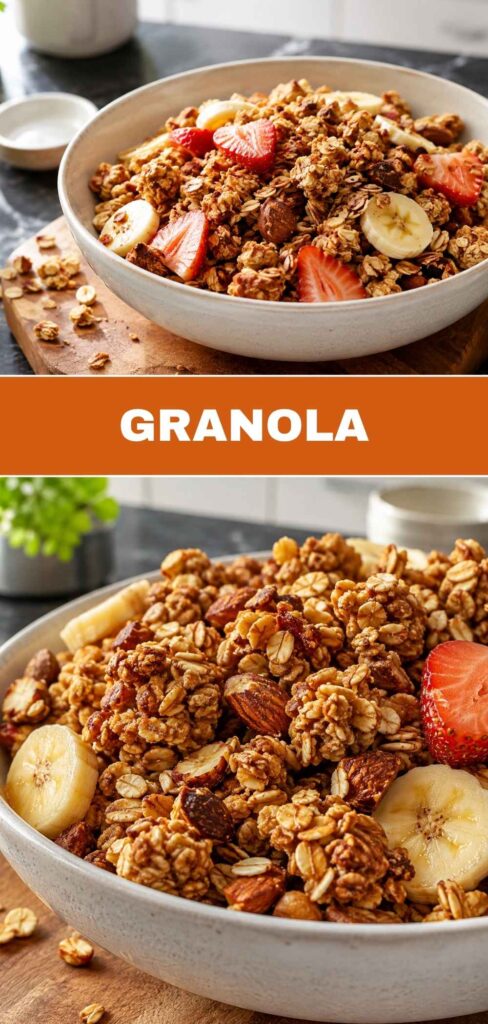 Pinterest-Grafik mit Weitwinkel- und Nahaufnahme von selbstgemachtem Granola