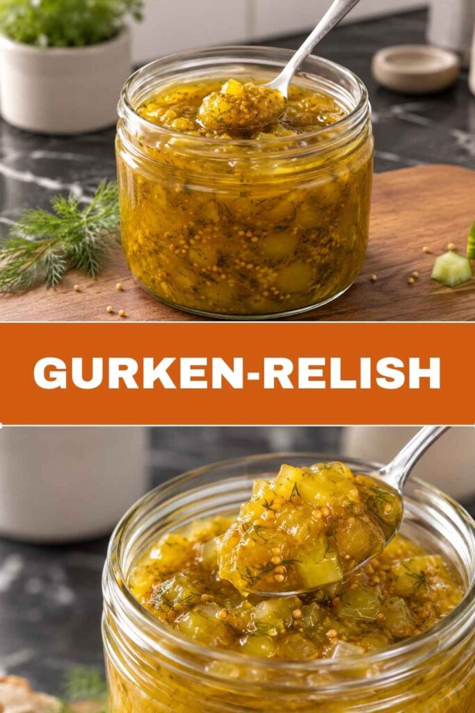 Gurken-Relish als Topping auf einem Hotdog, daneben ein offenes Glas Relish