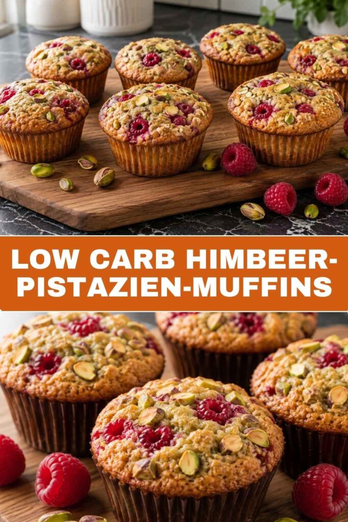 Himbeer-Pistazien-Muffins: einfach & Low Carb 4 Pinterest-Pin für Low-Carb-Himbeer-Pistazien-Muffins mit Weitwinkel- und Nahaufnahmebild