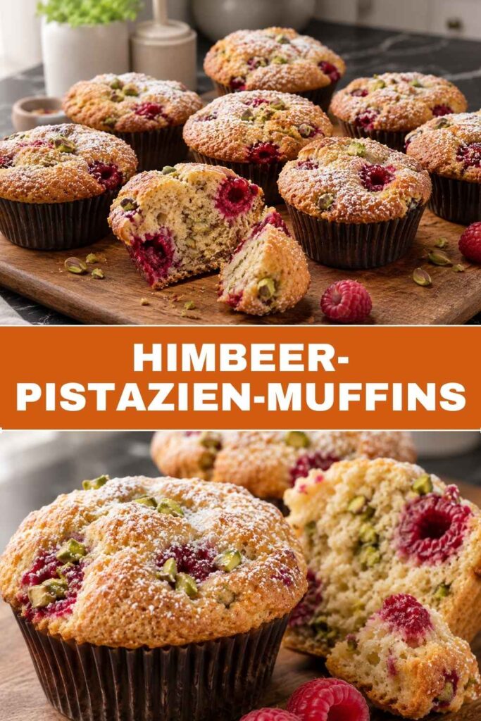 Pinterest-Pin für Low-Carb-Himbeer-Pistazien-Muffins mit Weitwinkel- und Nahaufnahmebild