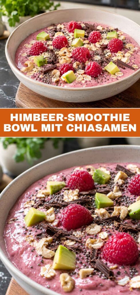 Pinterest-Grafik zur Himbeer-Smoothie Bowl mit Chiasamen, Weitwinkel- und Nahaufnahme kombiniert