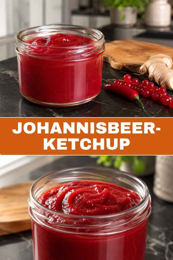 Johannisbeer-Ketchup Rezept zum Selbermachen, Glas und Nahaufnahme kombiniert für Pinterest