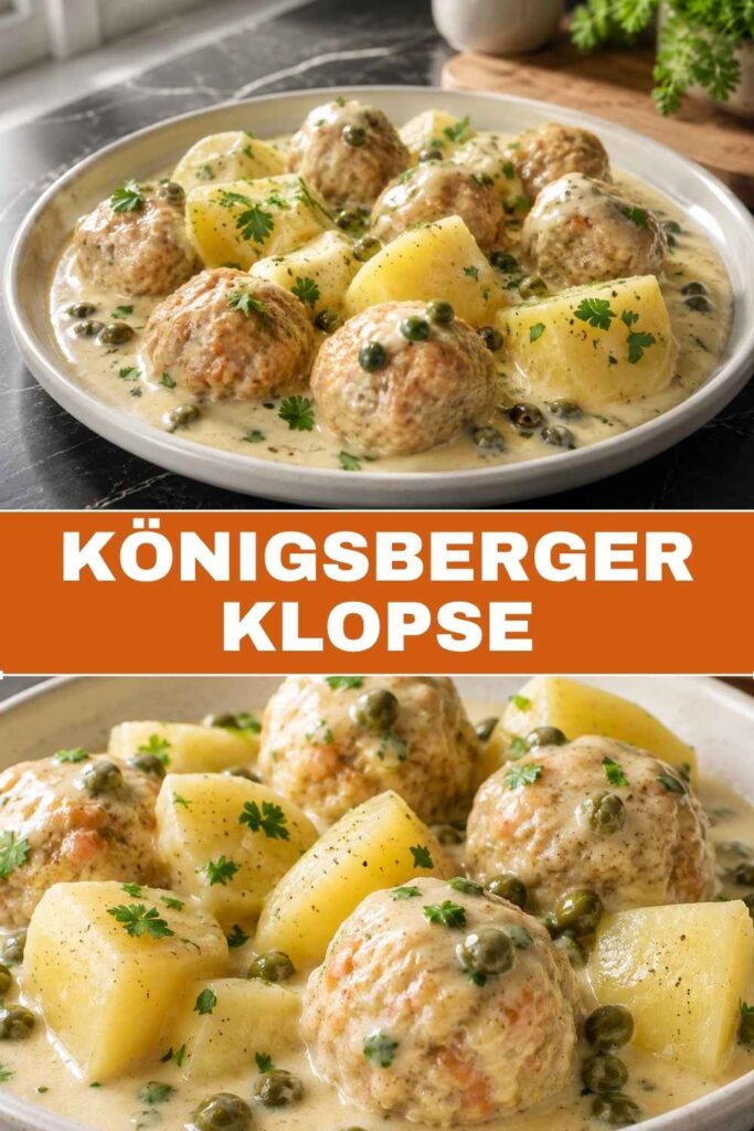 Pinterest-Pin Königsberger Klopse mit Kapernsauce, Rezept zum Merken