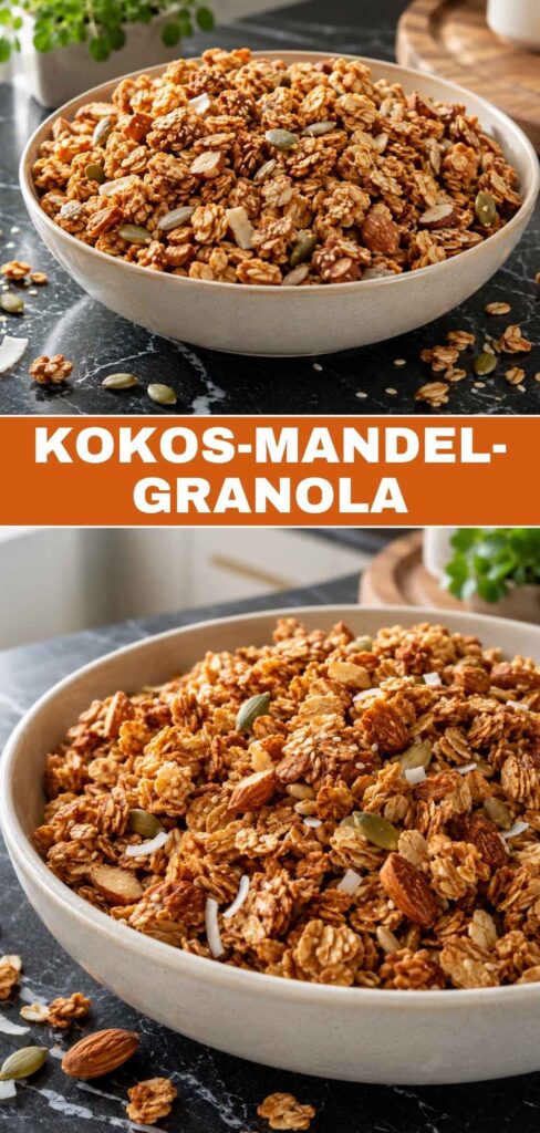 Kokos-Mandel-Granola im Glas und in Nahaufnahme, Rezept-Pin für Pinterest